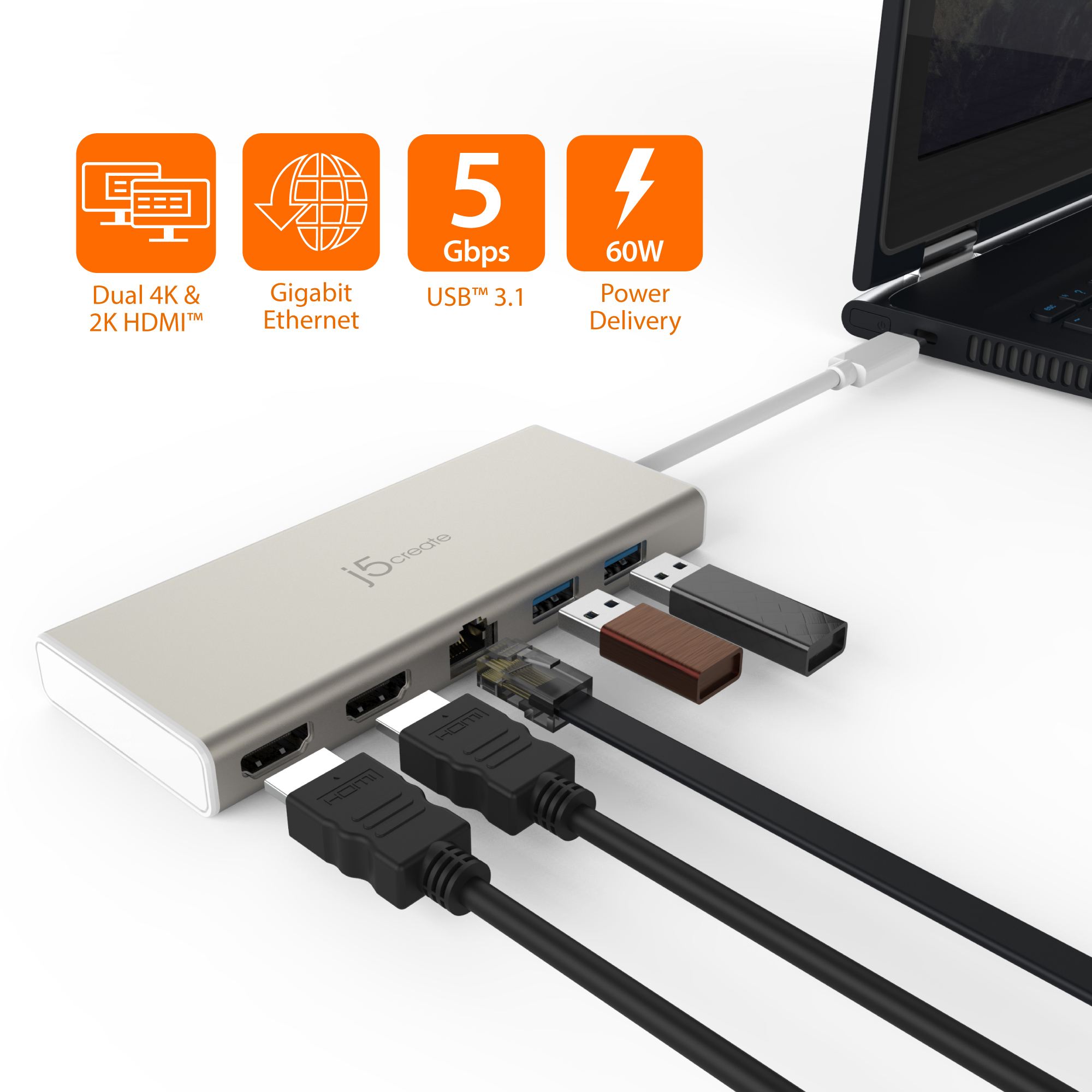 j5create JCD381-N USB Type-C™ Dual HDMI Mini Dock-Ethernet / USB 3.1 HUB / PD2.0 - Afbeelding 9