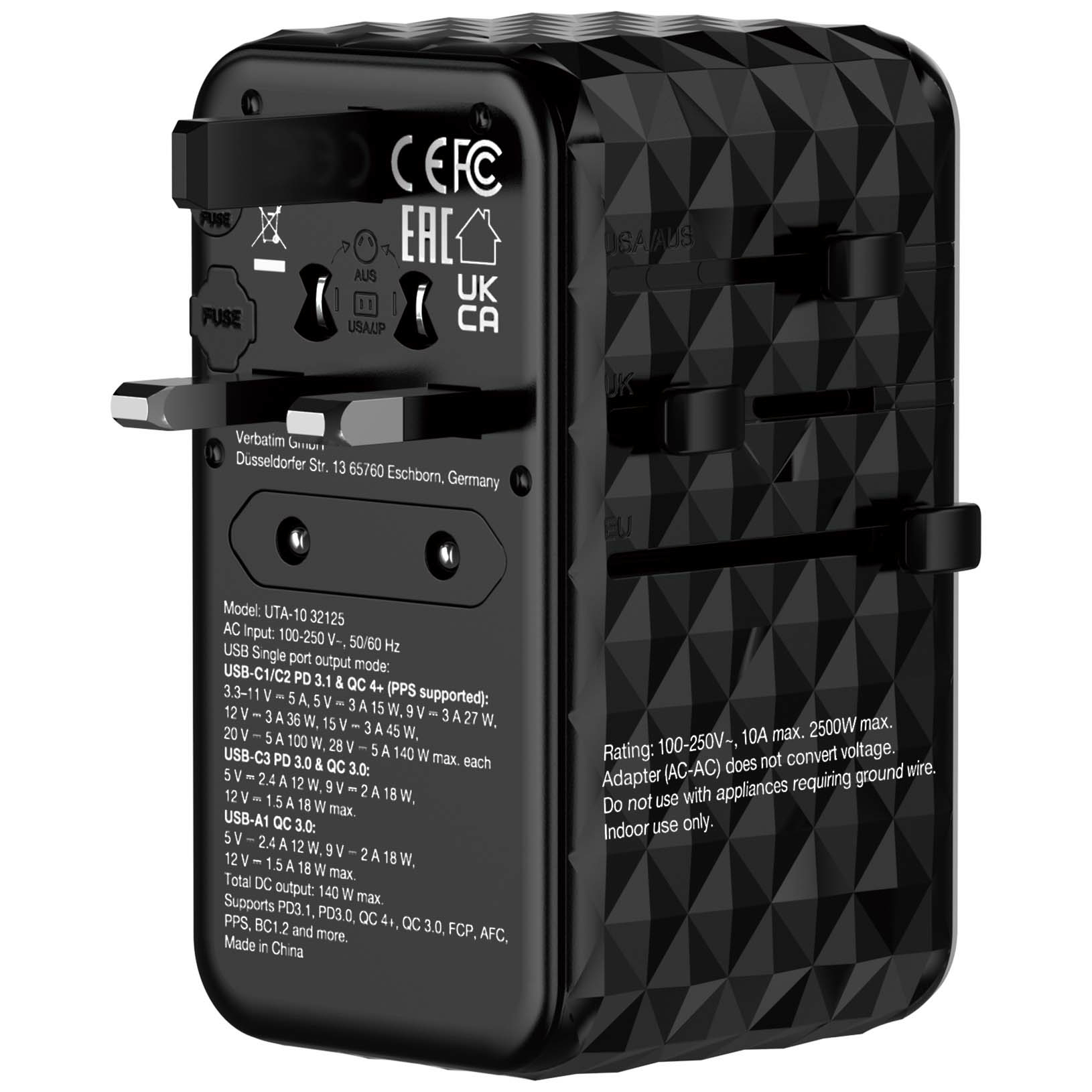 Verbatim UTA-10 140W GaN III universele reisadapter Met 2 x USB-C PD 3.1 & QC 4+, 1 x USB-C PD 3.0 & 1 x USB-A QC 3.0 poorten - Afbeelding 4