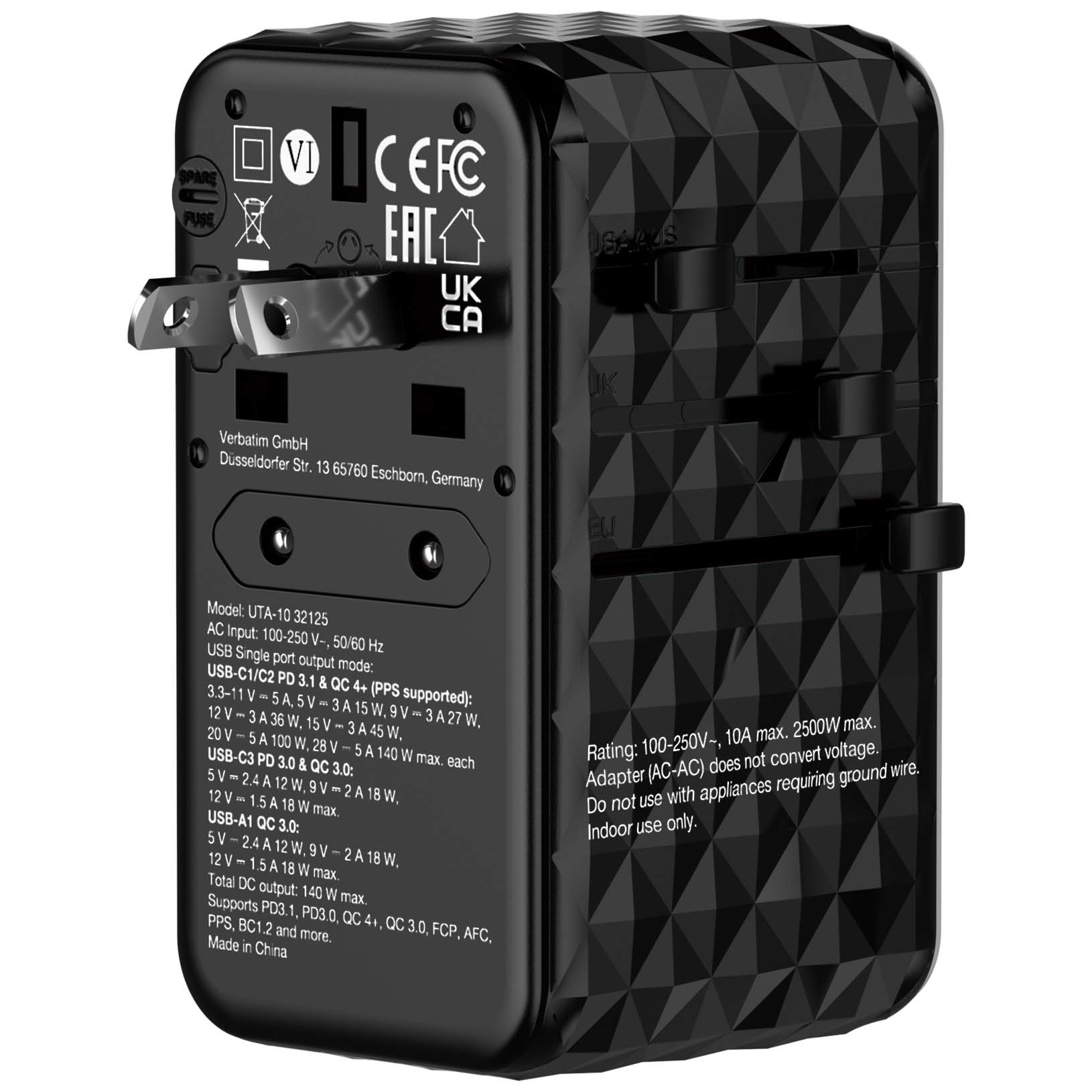 Verbatim UTA-10 140W GaN III universele reisadapter Met 2 x USB-C PD 3.1 & QC 4+, 1 x USB-C PD 3.0 & 1 x USB-A QC 3.0 poorten - Afbeelding 5