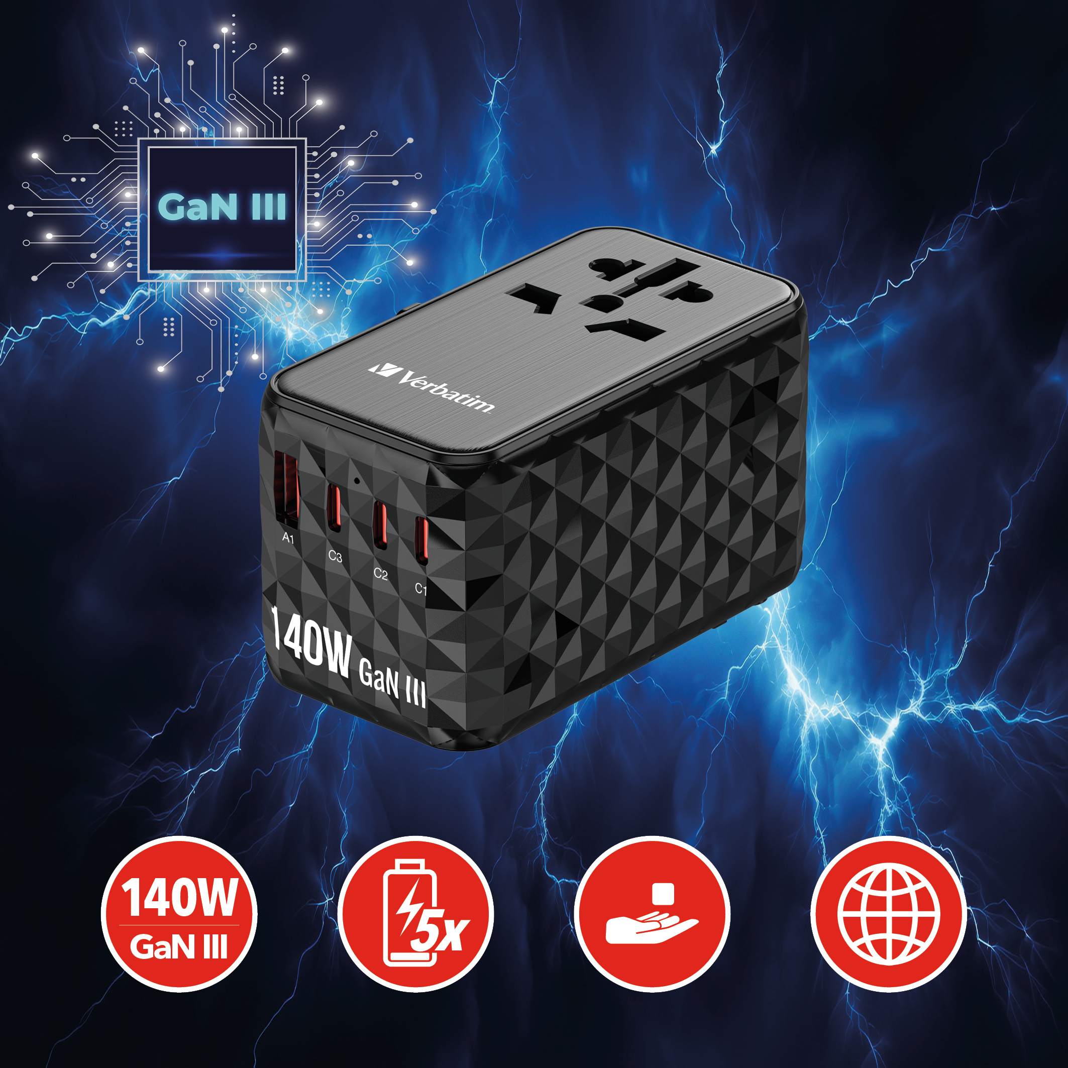 Verbatim UTA-10 140W GaN III universele reisadapter Met 2 x USB-C PD 3.1 & QC 4+, 1 x USB-C PD 3.0 & 1 x USB-A QC 3.0 poorten - Afbeelding 9