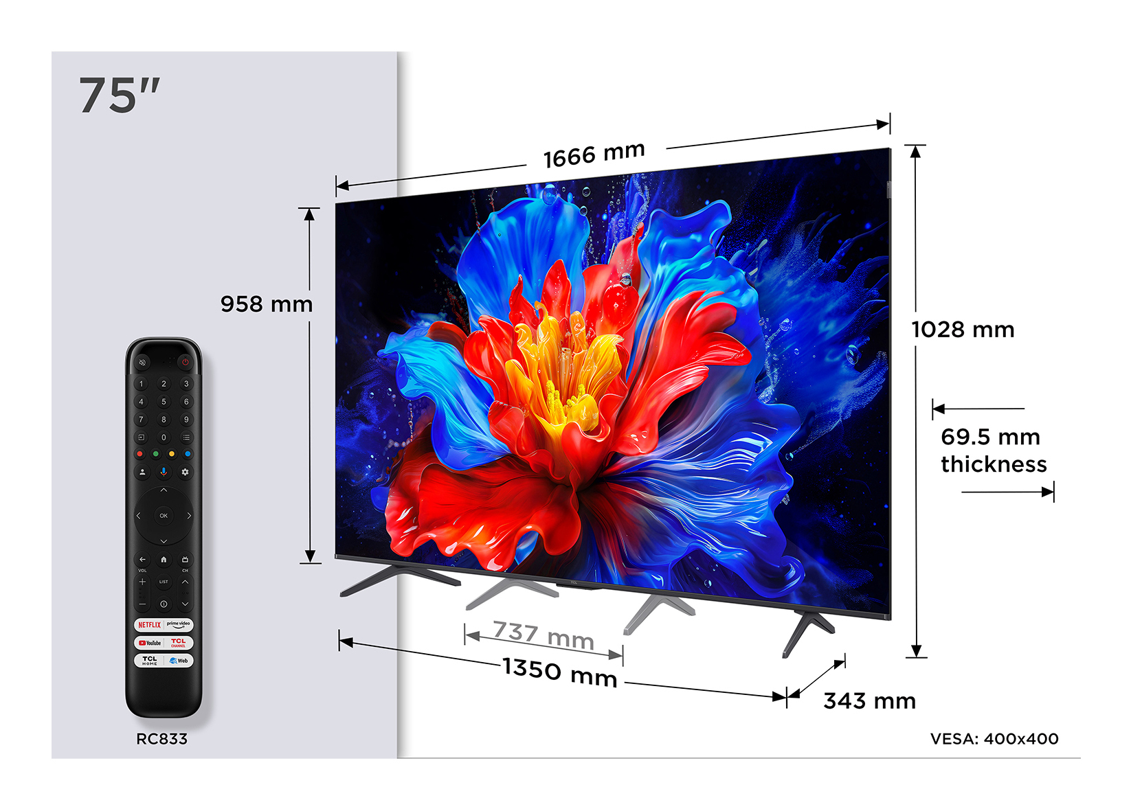 TCL 75P8K 75" | Ultra HD 4K QLED Smart TV (2025) | Google TV + Wifi | Dolby Vision & HDR10 | Quantum Dot Technologie | 120Hz - Afbeelding 3