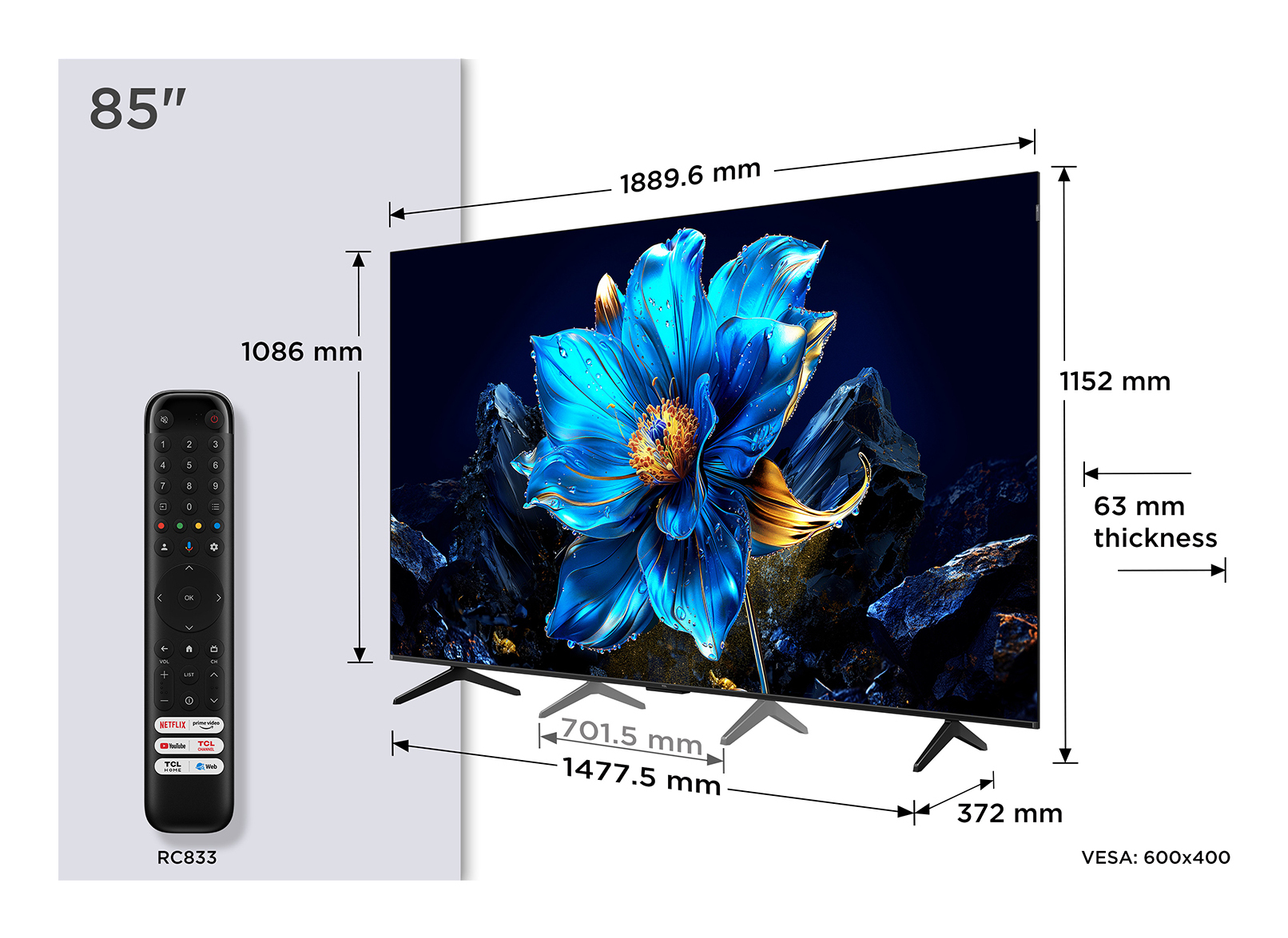 TCL P7K 85P7K tv 2,16 m (85") 4K Ultra HD Smart TV Wifi Metallic 450 cd/m² - Afbeelding 3