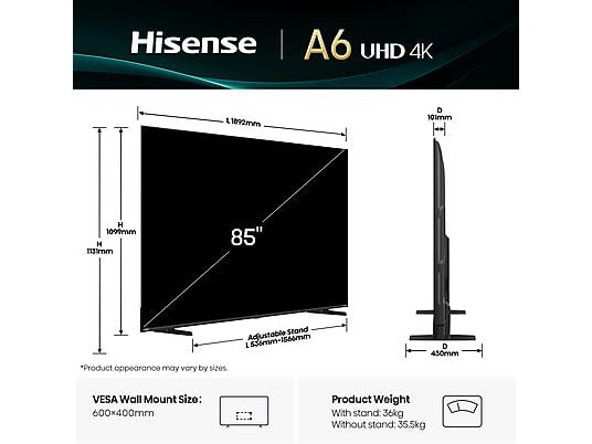 Hisense 85A6Q 4K UHD Smart XXL TV (2025) 85" - Afbeelding 6